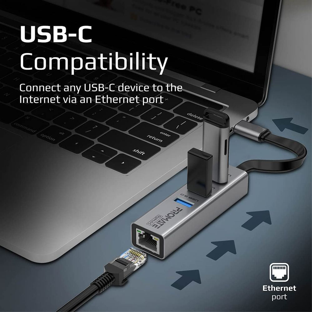 بروميت USB-C إلى إيثرنت + 3 موزع محول USB 3.0، منفذ إيثرنت بسرعة 1000 ميجابت في الثانية، مزامنة بيانات بسرعة 5 جيجابت في الثانية