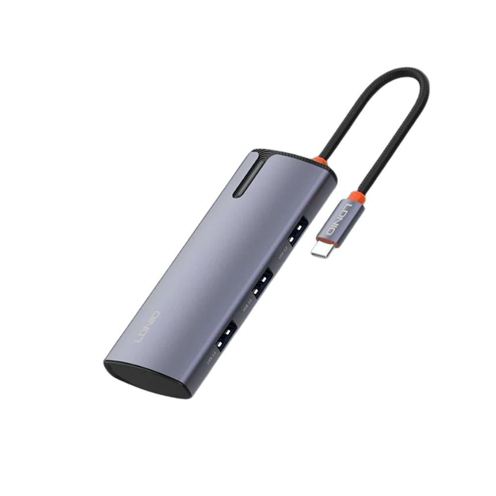 محطة إرساء LDNIO DS-15U USB-C: محول متعدد المنافذ 5 في 1، توصيل طاقة 100 واط، 4 منافذ USB 3.0 عالية السرعة للابتوب والتابلت - رمادي
