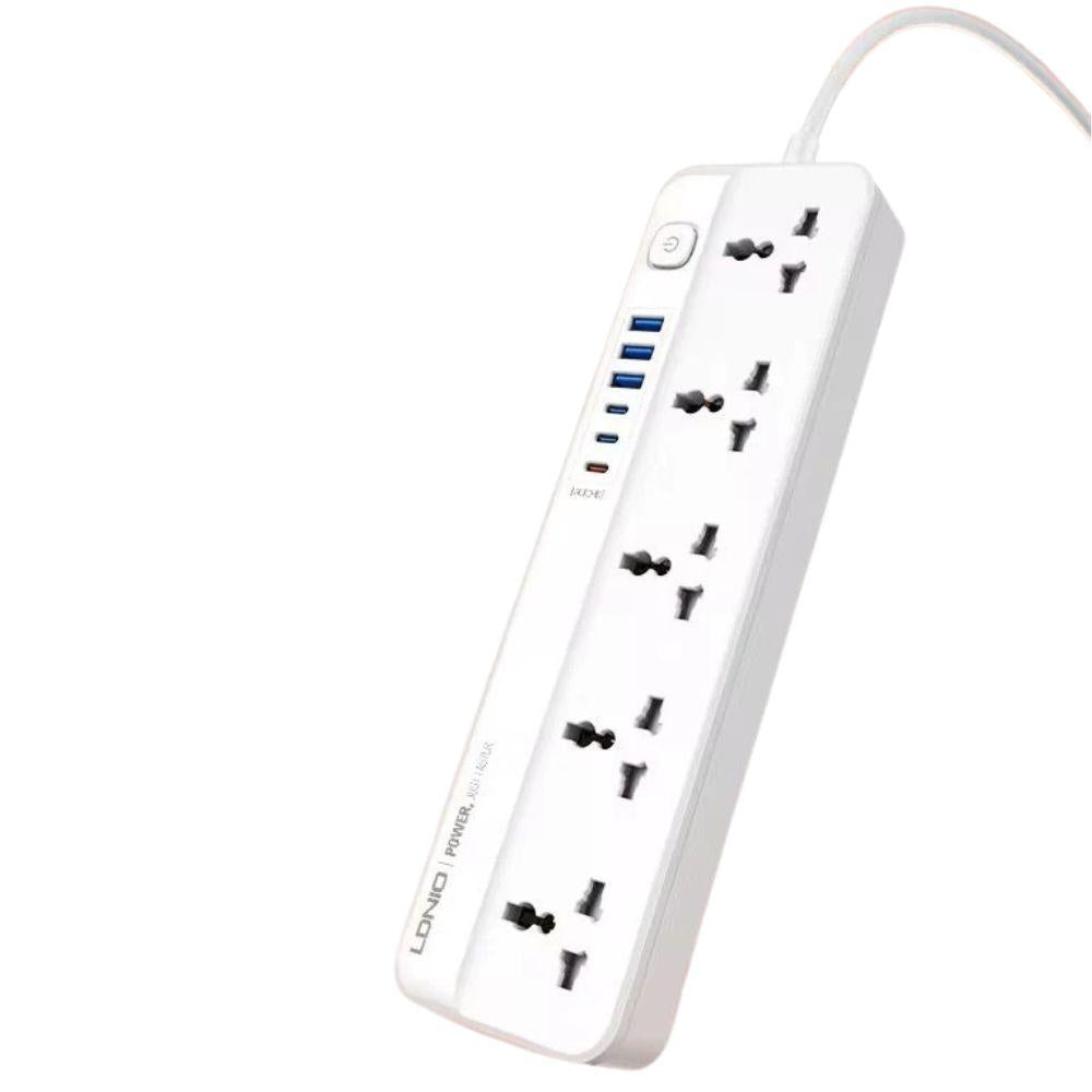 شريط طاقة LDNIO SC5614C مع 5 منافذ و6 منافذ USB (تحديد تلقائي)، شحن سريع USB-C بقوة 20 واط، وصلة تمديد بحماية من الارتفاع المفاجئ 2500 واط، سلك طاقة بطول 2 متر – محطة شحن متعددة الأجهزة للمنزل والمكتب