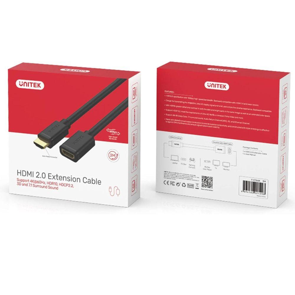 Unitek Y-C166K 4K 60Hz High Speed HDMI 2.0 Extension Cable 3M / HDMI (M) - HDMI (F) / Supports 3D Display and HDCP2.2 / Dolby TrueHD / Bi-Directional