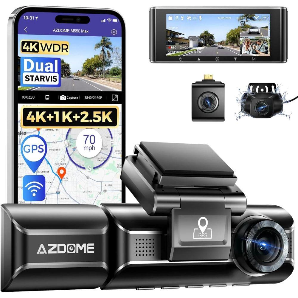 كاميرا داش كام ثلاثية القنوات AZDOME M550 Max 4K – أمامية، خلفية وداخلية (4K+2.5K+1080P)، مستشعرات STARVIS مزدوجة، واي فاي وجي بي إس، رؤية ليلية بالأشعة تحت الحمراء، وضع ركن السيارة 24 ساعة