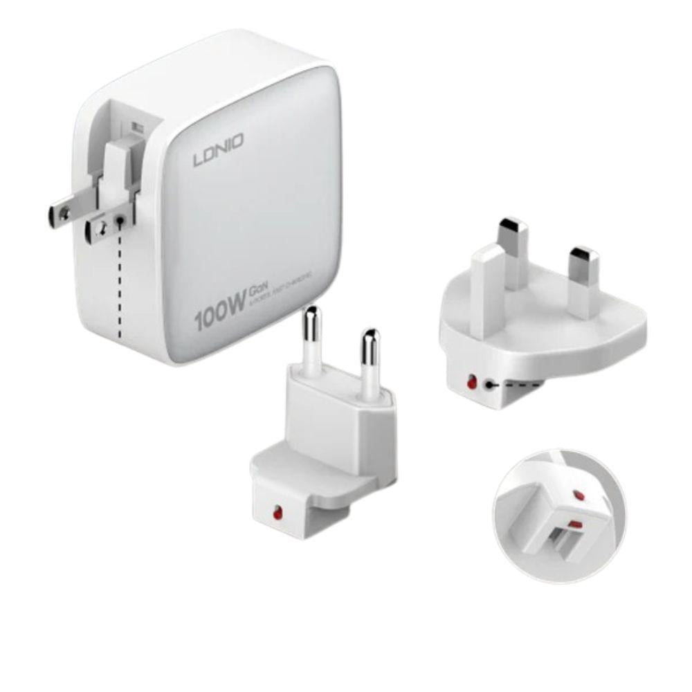 LDNIO Q408 100W GaN Super Fast Charger, 4‑Port USB (3×USB‑C + 1×USB‑A), PD & QC Fast Charge, Replaceable US/EU/UK Plugs, Compact Wall Adapter