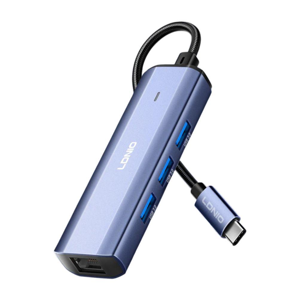 محول محور LDNIO DS-124C USB-C 3.0، محطة إرساء متعددة المنافذ بسرعة 5 جيجابت في الثانية مع USB-A وRJ45 إيثرنت، اتصال عالي السرعة للابتوب والتابلت والكمبيوتر الشخصي