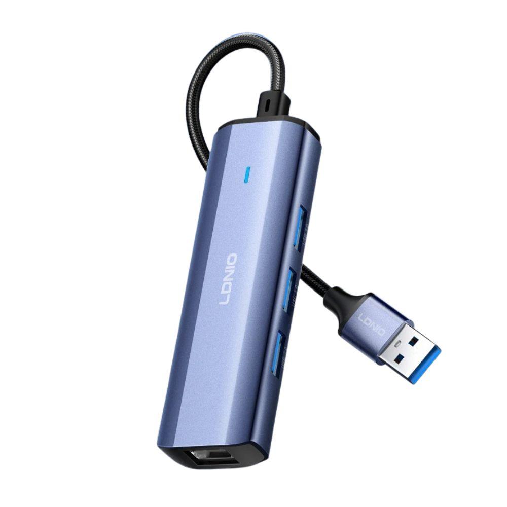 محول محور LDNIO DS-124U USB 3.0، من USB-A إلى RJ45 إيثرنت، محطة إرساء متعددة المنافذ عالية السرعة بسرعة 5Gbps للابتوب والتابلت والكمبيوتر الشخصي
