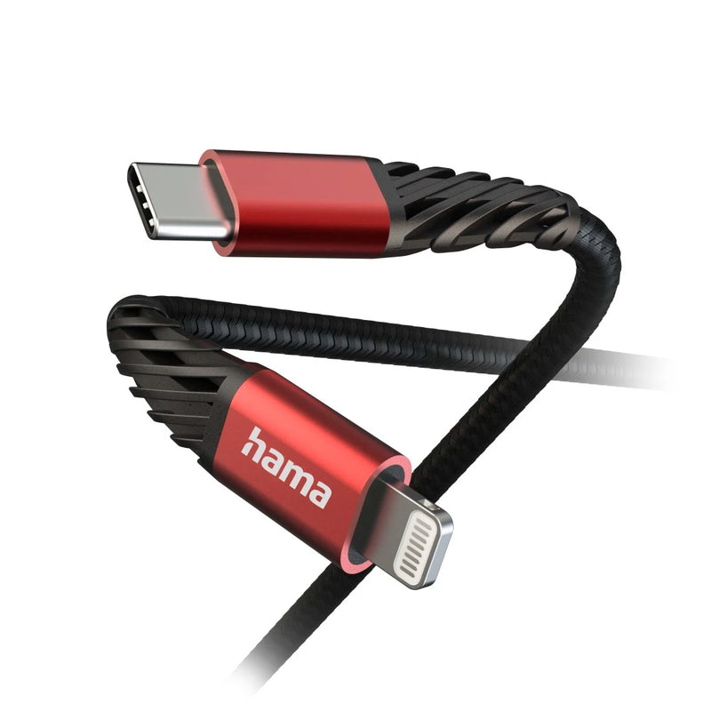 Hama "Extreme" Charging Cable, USB-C - Lightning, 1.5 m, Nylon, for iPhone, blk/red Ethernet,Fabric,Gold-plated,black/red