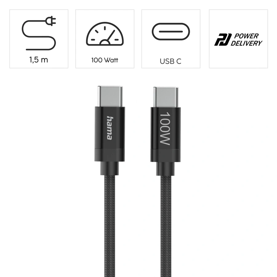 كابل Hama USB-C 2.0 مضفر من القماش - بطول 1.5 متر، شحن سريع ومزامنة بيانات بقوة 100 واط، كابل USB-C إلى USB-C مضفر من النايلون للهاتف الذكي والكمبيوتر اللوحي والكمبيوتر المحمول