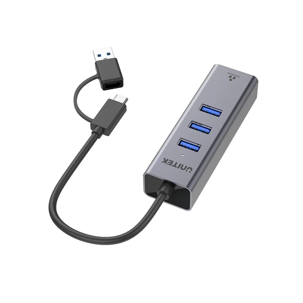 UNITEK 4 in 1 multi-port hub expand a single USB-C port to 1 gigabit Ethernet LAN Network Adapter with 3 USB 3.0 ports.