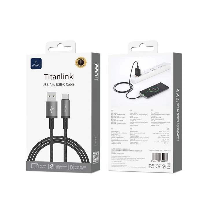 WiWU TITAN LINK Wi-C054 USB-A to USB-C Charging & Data Cable, 1M, Aluminum Alloy Connectors, Nylon Braided