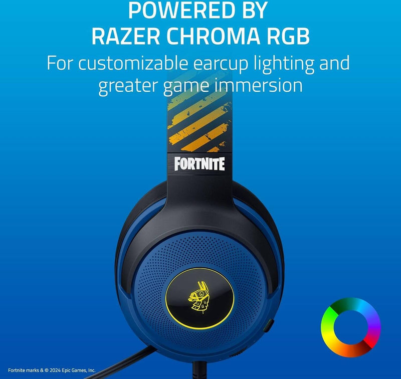 سماعة رأس سلكية للألعاب Razer Kraken V3 X USB - إصدار Fortnite، مشغلات TriForce مقاس 40 مم، إضاءة Chroma RGB، ميكروفون قلبي HyperClear، صوت محيطي 7.1، خفيف الوزن 285 جرام، أزرق