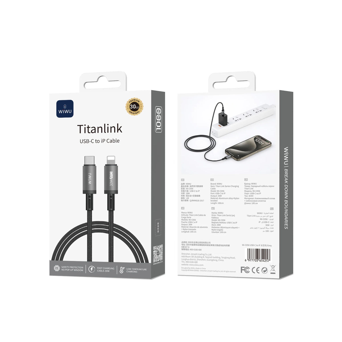 WiWU TITAN LINK Wi-C056 USB-C to Lightning Fast Charging Cable, 30W, Aluminum Alloy & Nylon Braided, 1M, Grey