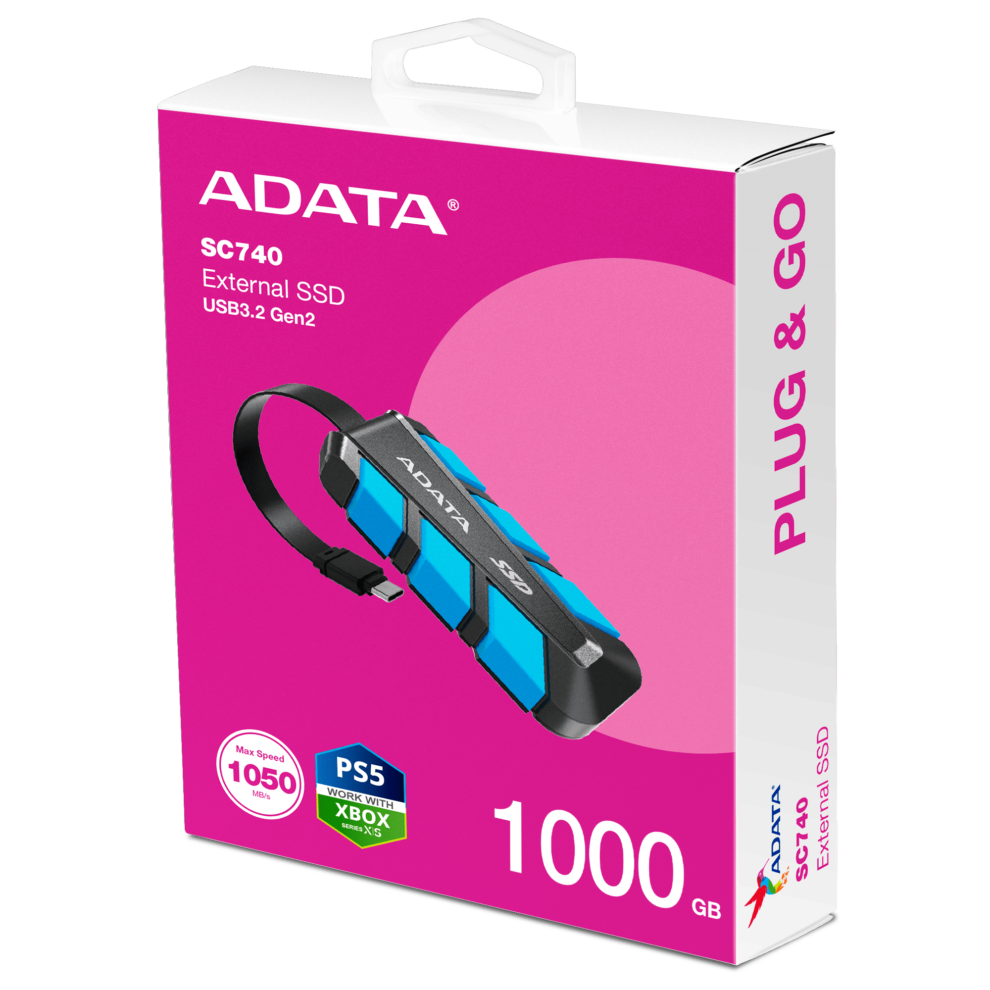 ADATA SC740 1TB USB 3.2 Gen2 External SSD – 1,050MB/s, Built-In USB-C Cable, MIL-STD Drop Tested, Game Ready