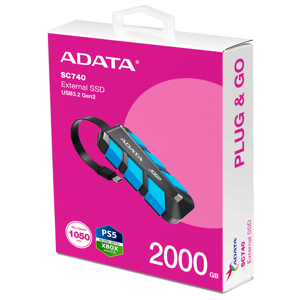 ADATA SC740 2TB Portable External SSD – USB-C 3.2 Gen2, 1,050MB/s, Rug