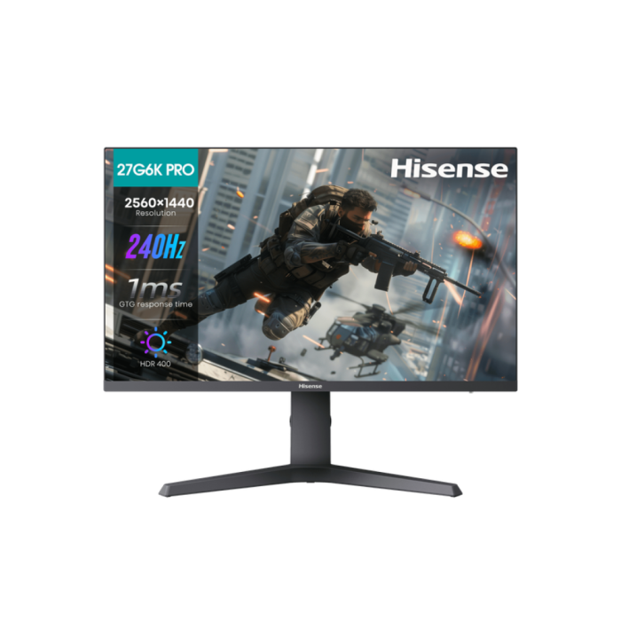شاشة ألعاب Hisense 27G6K-PRO مقاس 27 بوصة بدقة QHD ولوحة IPS، 2560×1440، بتردد 240Hz، وزمن استجابة 1ms بتقنية MPRT، ولوحة مسطحة، وزوايا مشاهدة واسعة