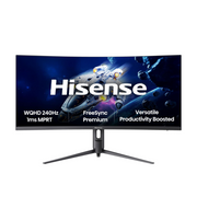 شاشة ألعاب منحنية Hisense 34G6Q PRO مقاس 34 بوصة بدقة WQHD، 3440×1440، وتردد 240Hz، وزمن استجابة 1ms، ولوحة VA، وانحناء 1000R، وتقنية HDR400، وتقنية AMD FreeSync Premium، وتغطية 99% من ألوان sRGB، ومكبرات صوت مدمجة
