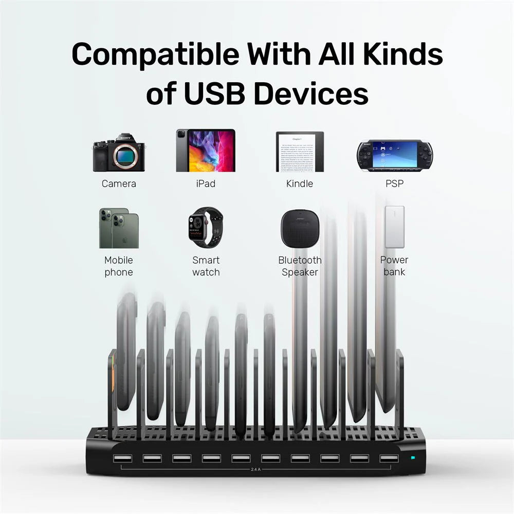 Unitek 10-Port USB Charging Station 60W – 10x USB-A Ports (5V/2.4A) - Smart IC - Adjustable Dividers - UL Certified - Ideal for Home & Office