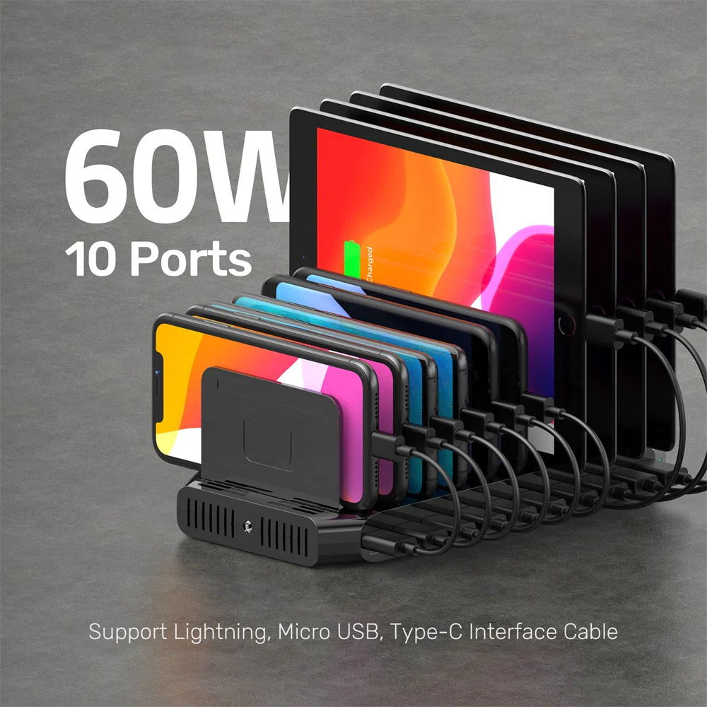 Unitek 10-Port USB Charging Station 60W – 10x USB-A Ports (5V/2.4A) - Smart IC - Adjustable Dividers - UL Certified - Ideal for Home & Office