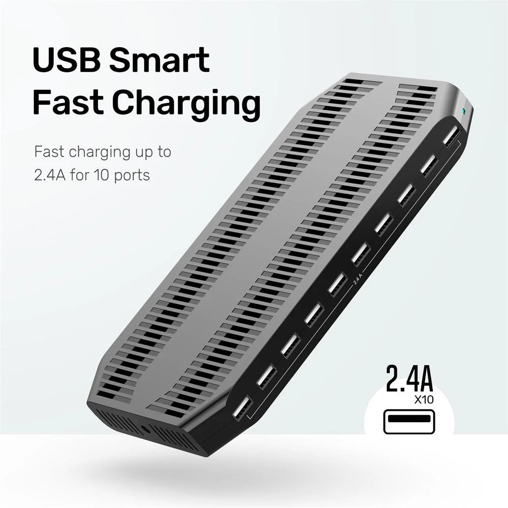 Unitek 10-Port USB Charging Station 60W – 10x USB-A Ports (5V/2.4A) - Smart IC - Adjustable Dividers - UL Certified - Ideal for Home & Office