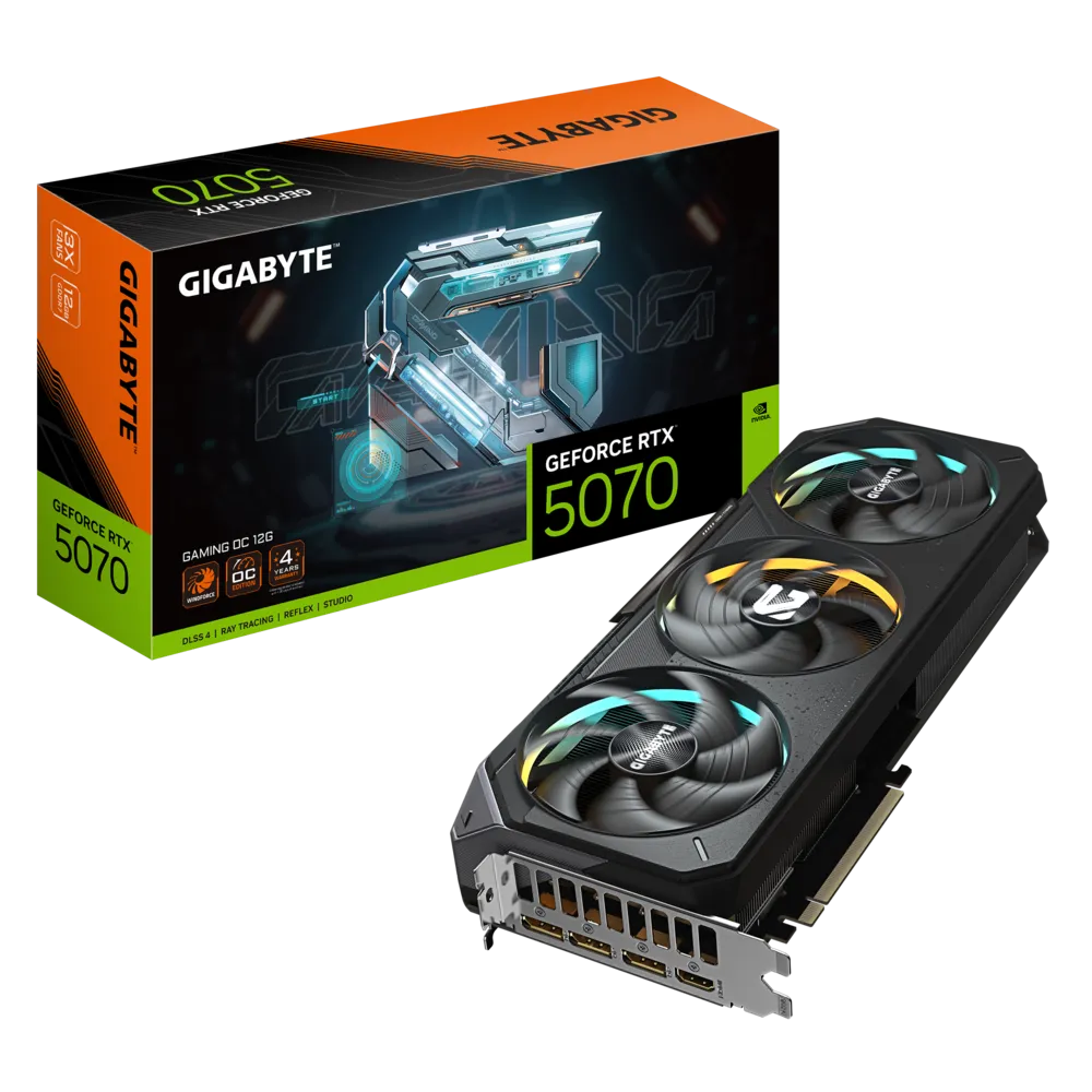 بطاقة رسومات Gigabyte GeForce RTX 5070 GAMING OC 12G (GV-N5070GAMING-OC-12GD) - ذاكرة GDDR7 سعة 12 جيجابايت، وتقنية DLSS 4، وتبريد WINDFORCE، وإضاءة RGB، ونظام BIOS مزدوج