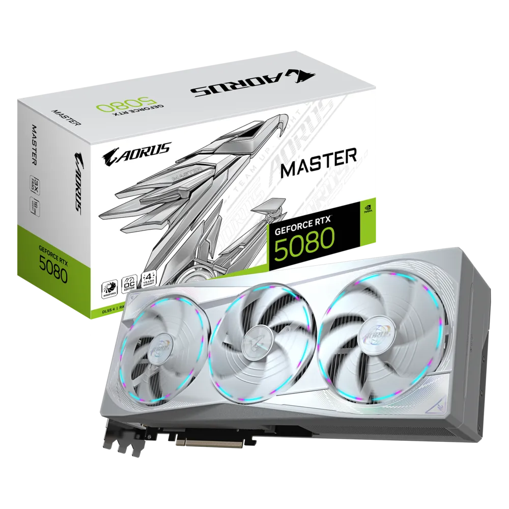 بطاقة رسومات GIGABYTE RTX 5080 AORUS MASTER ICE - ذاكرة GDDR7 سعة 16 جيجابايت، وتردد 2805 ميجاهرتز، وتقنية PCIe 5.0، وتبريد WINDFORCE، وشاشة LCD Edge View، وإضاءة RGB Halo، ونظام BIOS مزدوج