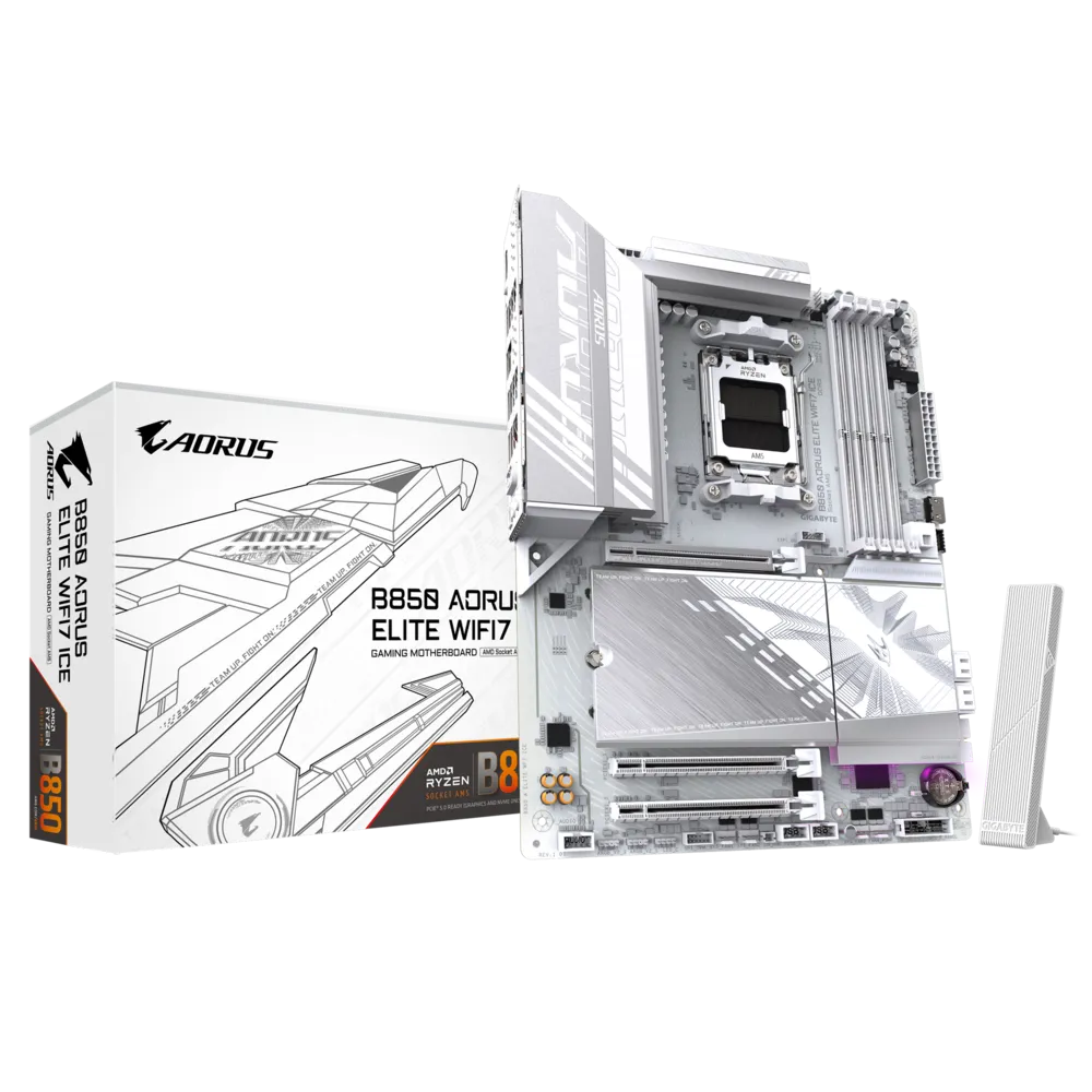 لوحة أم GIGABYTE B850 AORUS ELITE WIFI7 ICE ATX - AM5، DDR5 بسرعة تصل إلى 8200 MT/s OC، PCIe 5.0، Triple M.2، USB-C بسرعة 20 جيجابت في الثانية، Wi-Fi 7 و2.5 GbE
