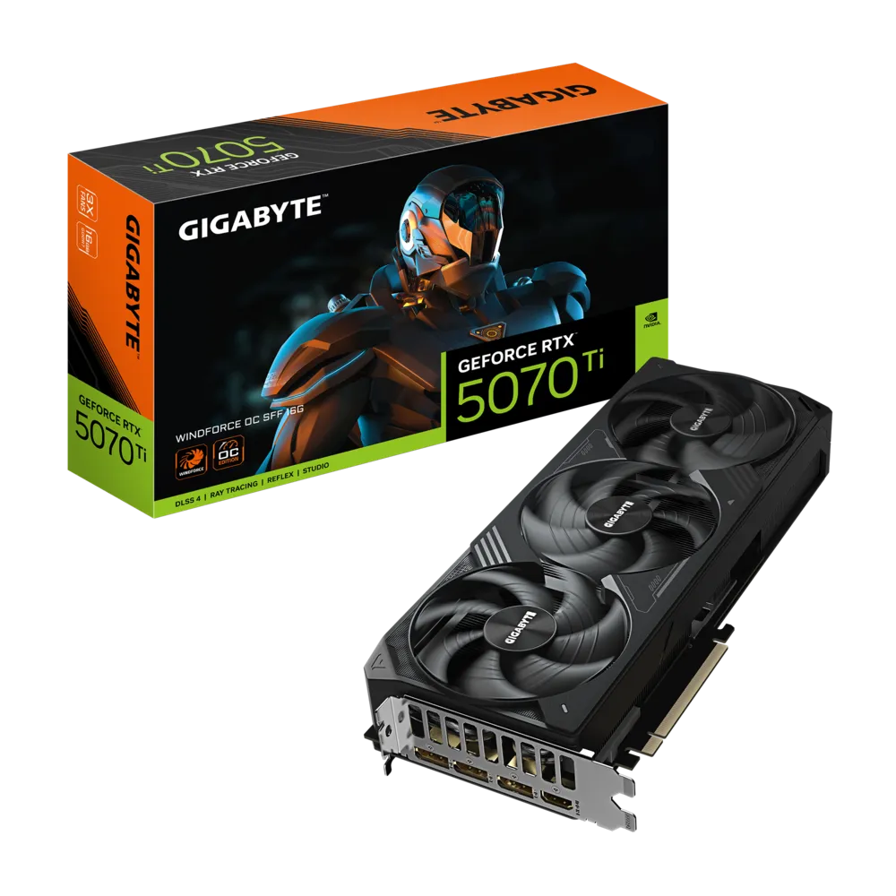 بطاقة الرسومات Gigabyte RTX 5070 Ti WINDFORCE OC SFF سعة 16 جيجابايت - ذاكرة GDDR7 سعة 16 جيجابايت، PCIe 5.0، سرعة 2497 ميجاهرتز، تبريد SFF ثلاثي المراوح