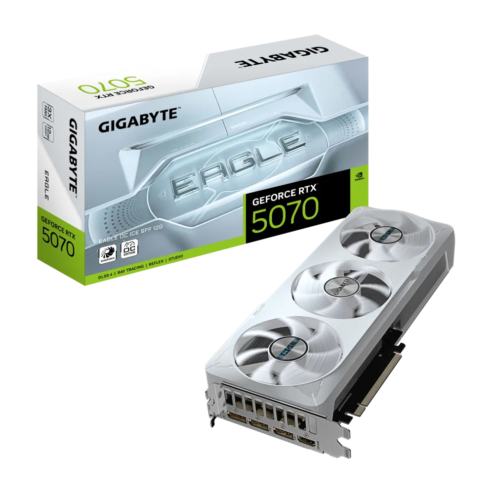 Gigabyte GeForce RTX 5070 EAGLE OC ICE SFF – NVIDIA Blackwell, 12 GB GDDR7 (192-bit), 2.587 GHz Boost, WINDFORCE Cooling, PCIe 5.0, RGB