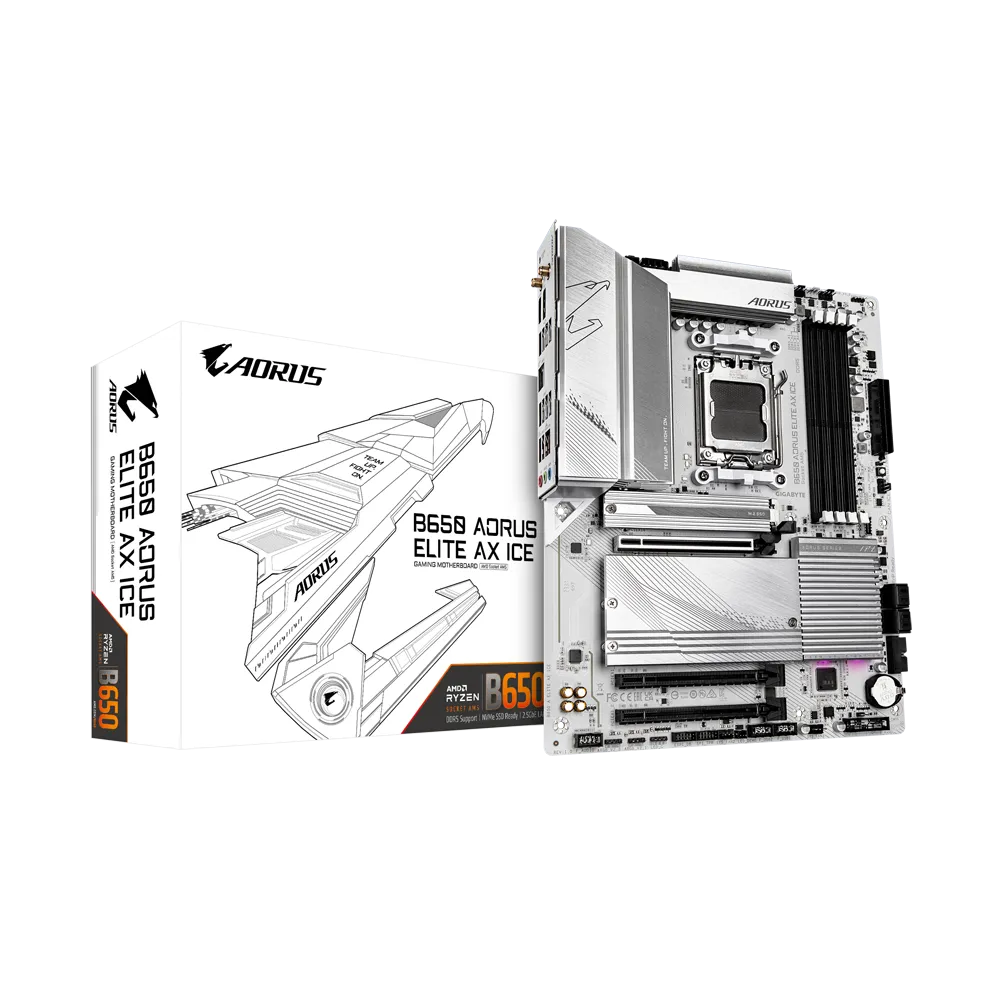 Gigabyte B650 AORUS ELITE AX ICE ATX Motherboard – AM5 (Ryzen 7000–9000), DDR5, PCIe 5.0 x4 M.2, Wi-Fi 6E, 2.5 GbE, USB-C 20 Gb/s, Q-Flash Plus