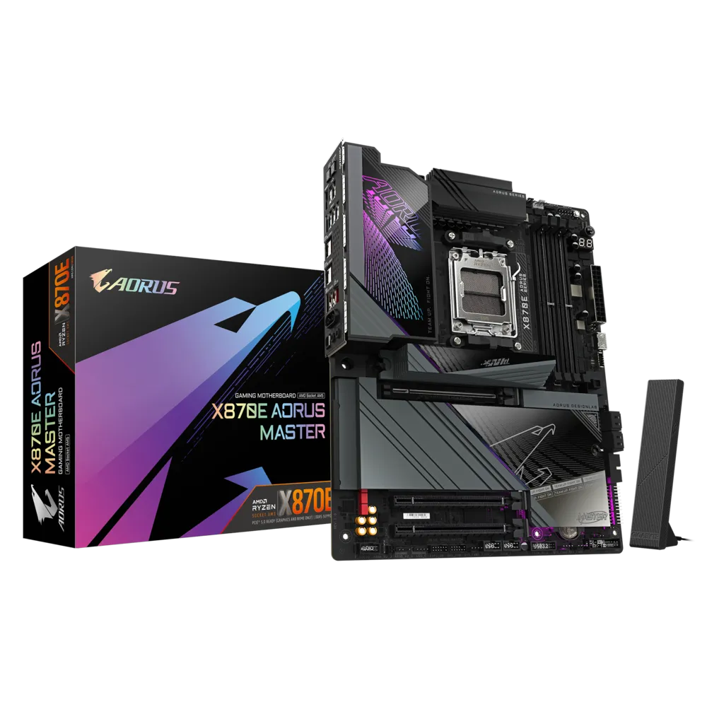 لوحة أم GIGABYTE X870E AORUS MASTER - AM5، DDR5 OC 8600MT/s، PCIe 5.0، USB4، Wi-Fi 7، شبكة LAN 5GbE، M.2 Thermal Guard XL