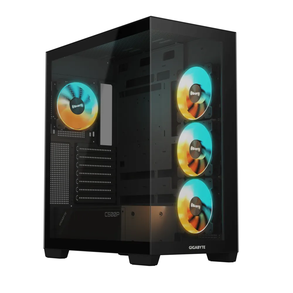 GIGABYTE C500 Panoramic Stealth Mid‑Tower PC Case – 270° Tempered Glass, ARGB Fans, USB‑C Gen2, Vertical GPU, Optimized Airflow