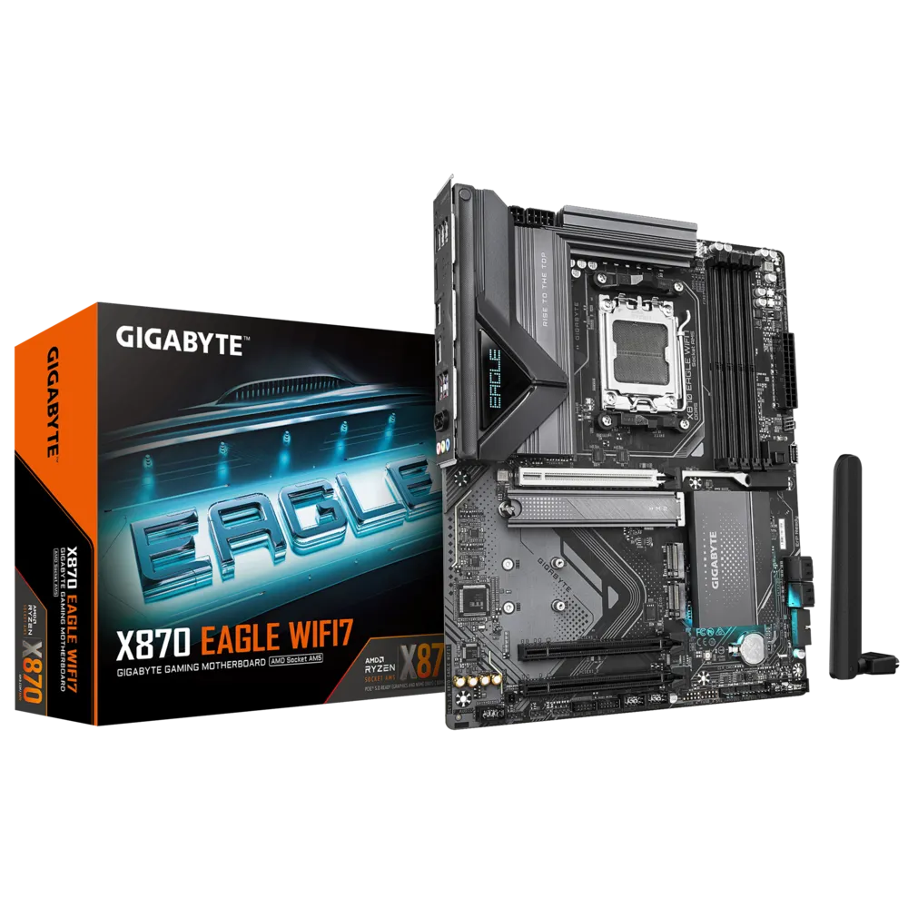 لوحة أم GIGABYTE X870 EAGLE WIFI7 - AM5، DDR5، PCIe 5.0، Wi-Fi 7، USB4، 14+2+2 VRM، 3× M.2، EZ-Latch، 2.5GbE LAN، ATX