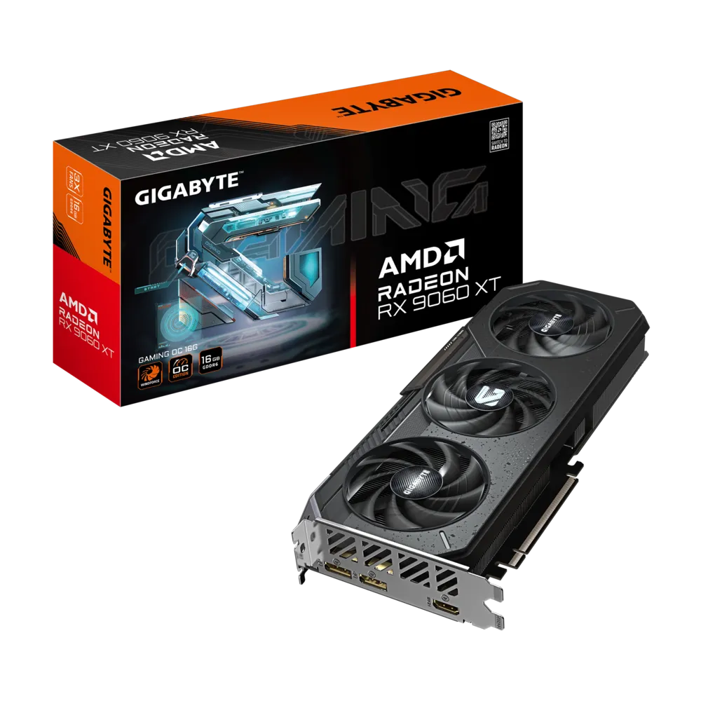 GIGABYTE Radeon RX 9060 XT GAMING OC 16G – 16 GB GDDR6, 128-bit, PCIe 5.0, Up to 3.32 GHz Boost, WINDFORCE Triple-Fan Cooling