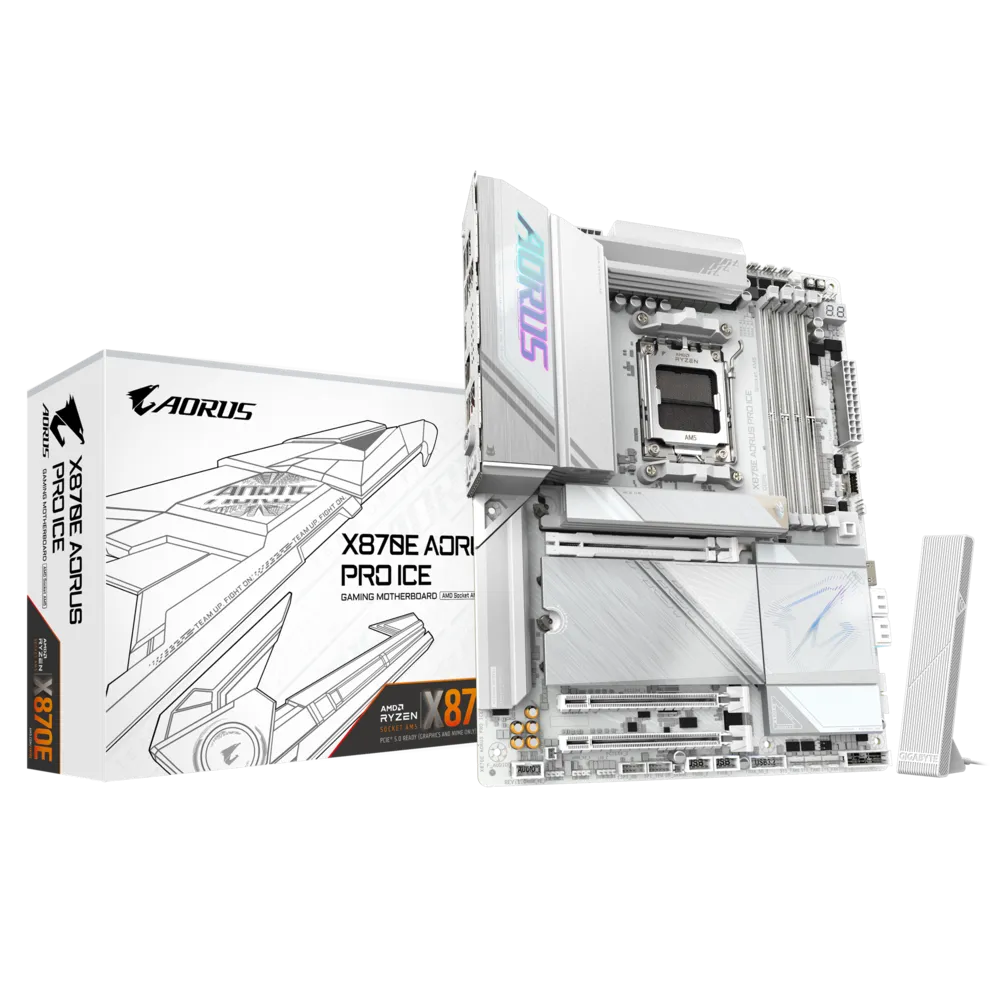 لوحة أم GIGABYTE X870E AORUS PRO ICE ATX - مقبس AM5، ذاكرة DDR5 بسرعة 8000 ميجابت في الثانية، PCIe 5.0، منافذ M.2 رباعية، منفذ USB4 مزدوج، Wi‑Fi 7، شبكة LAN بسرعة 2.5 جيجابت في الثانية، إصدار أبيض
