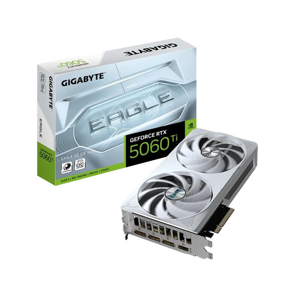 GIGABYTE GeForce RTX 5060 Ti EAGLE OC ICE 16G – 16 GB GDDR7, 128-bit, PCIe 5.0, Boost 2617 MHz, 3×DP 2.1b + HDMI 2.1b, WINDFORCE Cooling