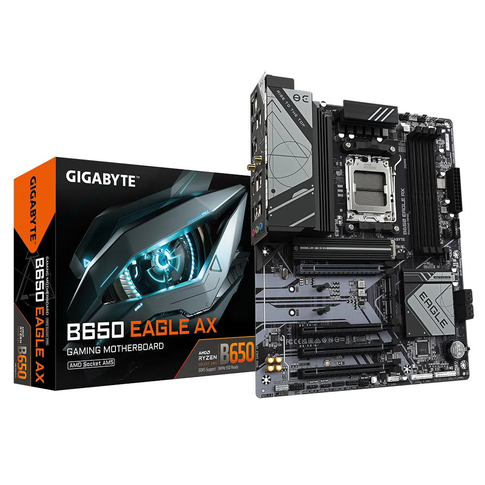 لوحة أم GIGABYTE B650 EAGLE AX - AM5، DDR5، PCIe 5.0، Wi-Fi 6E، 12+2+2 VRM، 3× M.2، USB 3.2 Gen2، Smart Fan 6، Q-Flash Plus، ATX