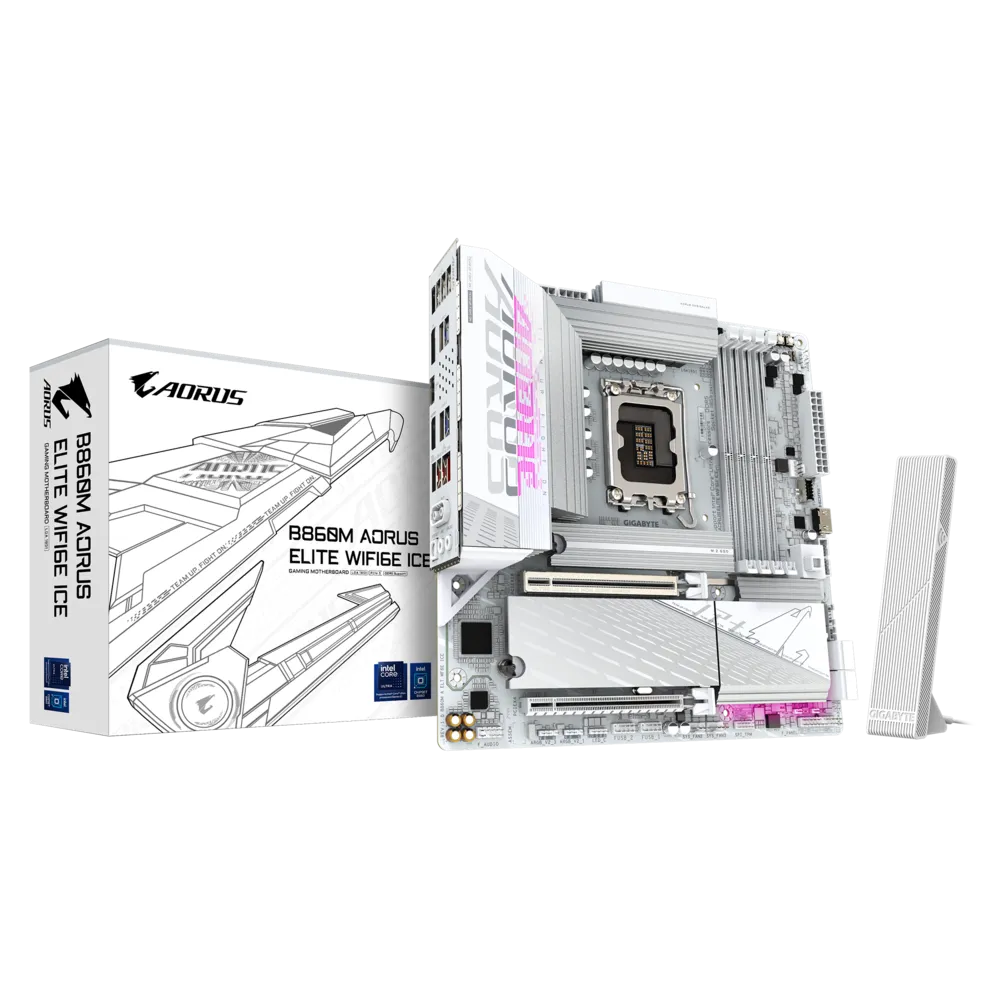 GIGABYTE B860M AORUS ELITE WIFI6E ICE mATX Motherboard – Intel B860, LGA 1851, DDR5, 3× M.2 (1× PCIe 5.0), Wi-Fi 6E, USB4 Type-C