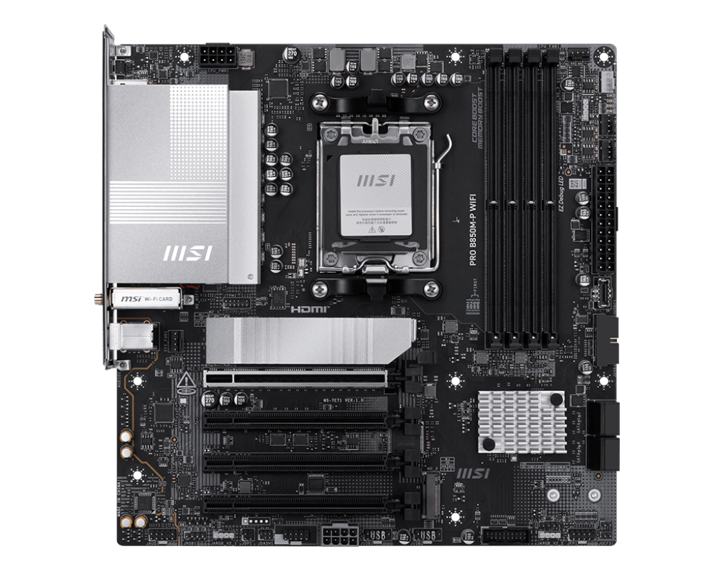 لوحة أم MSI PRO B850M-P WIFI Micro-ATX - AM5، DDR5‑8200+ OC، PCIe 5.0 x16، 3× M.2 (1× Gen5)، شبكة LAN 5 GbE، Wi‑Fi 7، USB4، HDMI 2.1