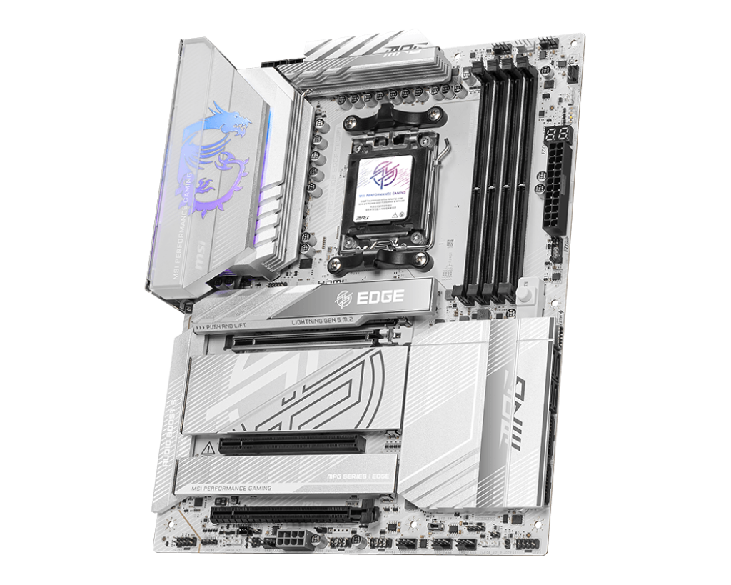 لوحة أم MSI MPG X870E EDGE TI WIFI ATX - AM5، AMD X870E، DDR5‑8400+ OC، PCIe 5.0 x16، 4 منافذ M.2 Gen5، Wi‑Fi 7، شبكة LAN 5G، USB4 بسرعة 40 جيجابت في الثانية، Realtek ALC4080