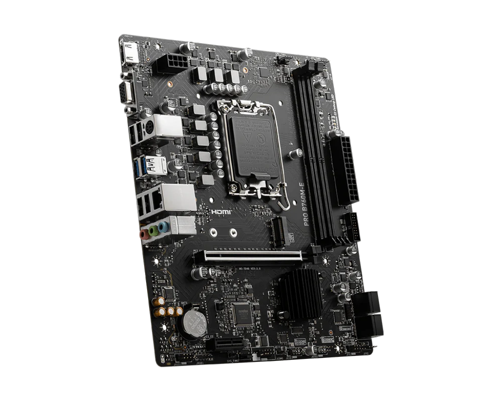 MSI PRO B760M-E DDR5 Micro-ATX Motherboard – LGA1700, Intel B760, DDR5-5333+ OC, PCIe 4.0 x16, HDMI, VGA, USB-C, 6+2+1 Phase Power Design