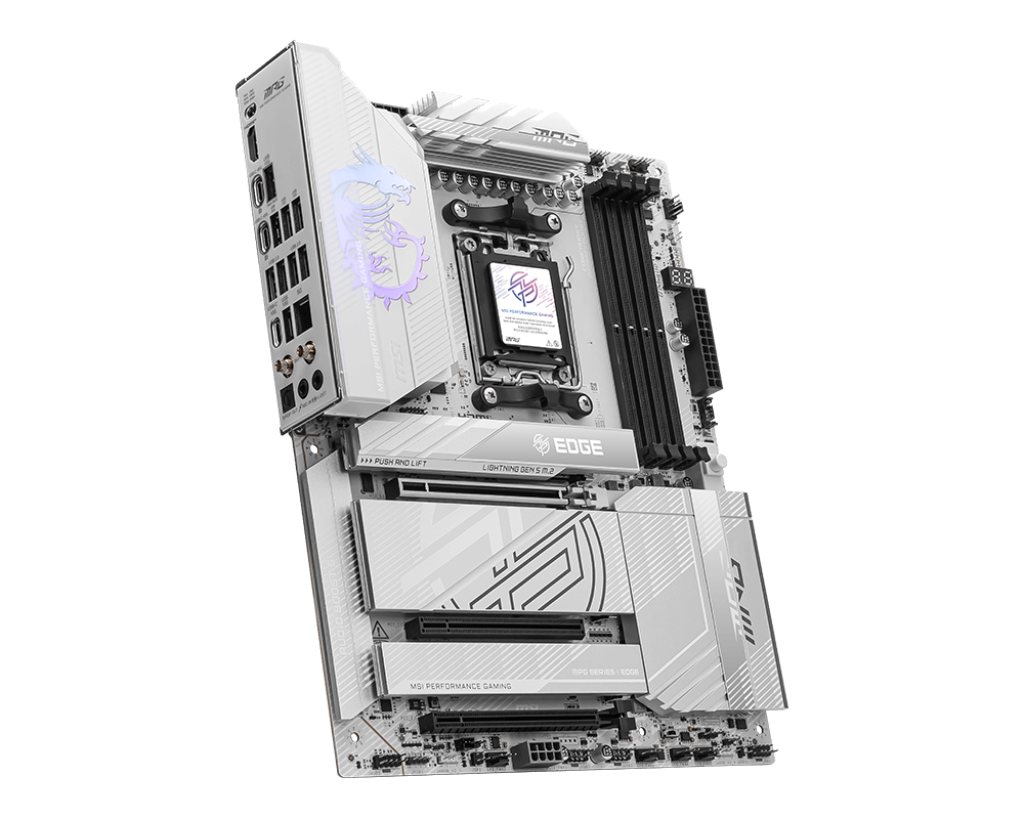 لوحة أم MSI MPG X870E EDGE TI WIFI ATX - AM5، AMD X870E، DDR5‑8400+ OC، PCIe 5.0 x16، 4 منافذ M.2 Gen5، Wi‑Fi 7، شبكة LAN 5G، USB4 بسرعة 40 جيجابت في الثانية، Realtek ALC4080