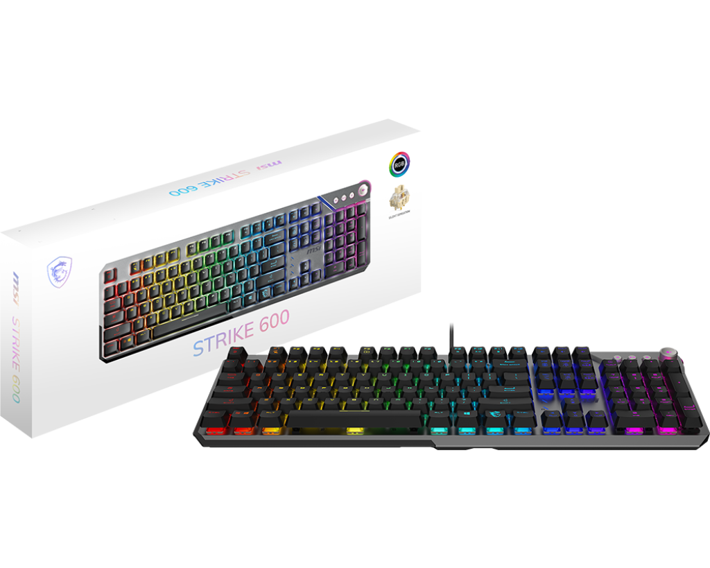 MSI STRIKE 600 Wired Mechanical Gaming Keyboard — Silent Kailh Midnight Pro Switches, Per-Key RGB Mystic Light, Hybrid 6+N Rollover, USB 2.0, Full-Size 104 Keys, Aluminum Build/English