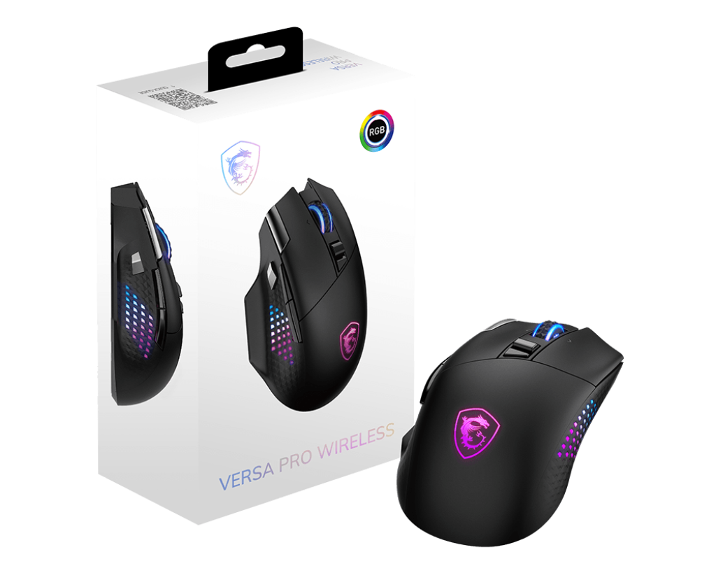 MSI VERSA PRO Wireless Gaming Mouse — Tri-Mode Connectivity (2.4G / Bluetooth / USB), 26000 DPI Optical Sensor, 1000Hz Polling Rate, RGB Lighting, 15 Programmable Buttons, Ergonomic Design