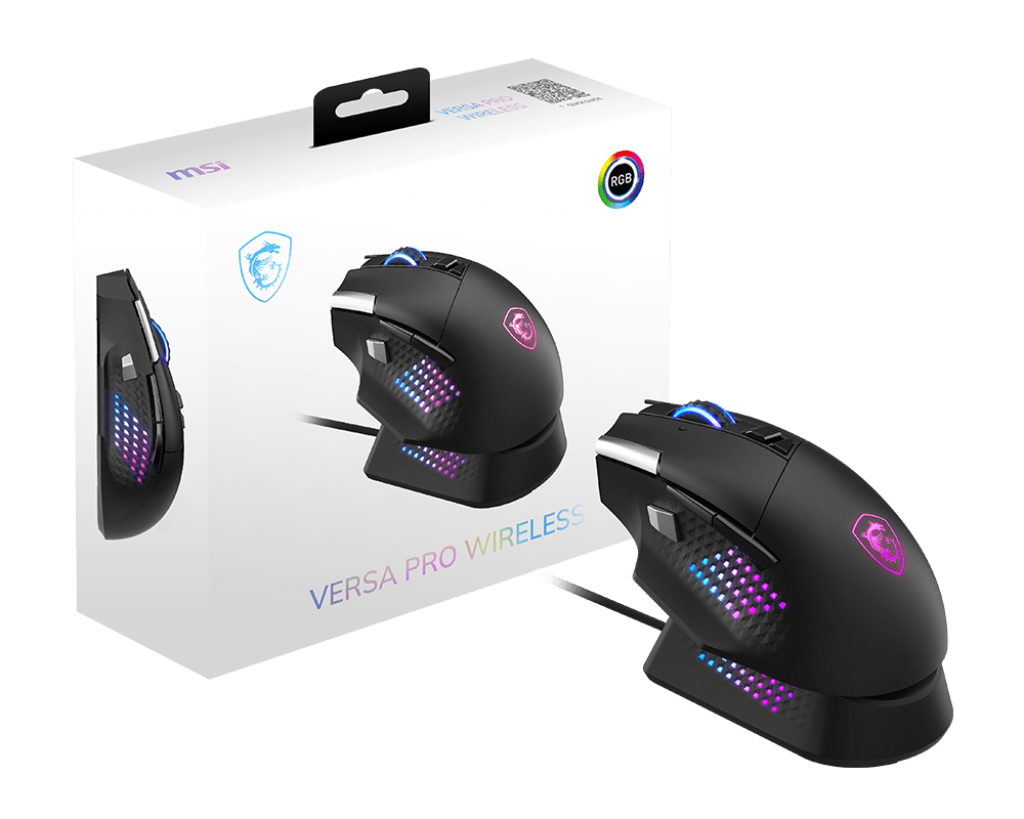 MSI VERSA PRO Wireless Gaming Mouse + Mouse Dock Pro — Tri-Mode Connectivity (2.4G / Bluetooth / USB), 26000 DPI Optical Sensor, 1000Hz Polling Rate, RGB Lighting, Rechargeable Dock, Ergonomic Design