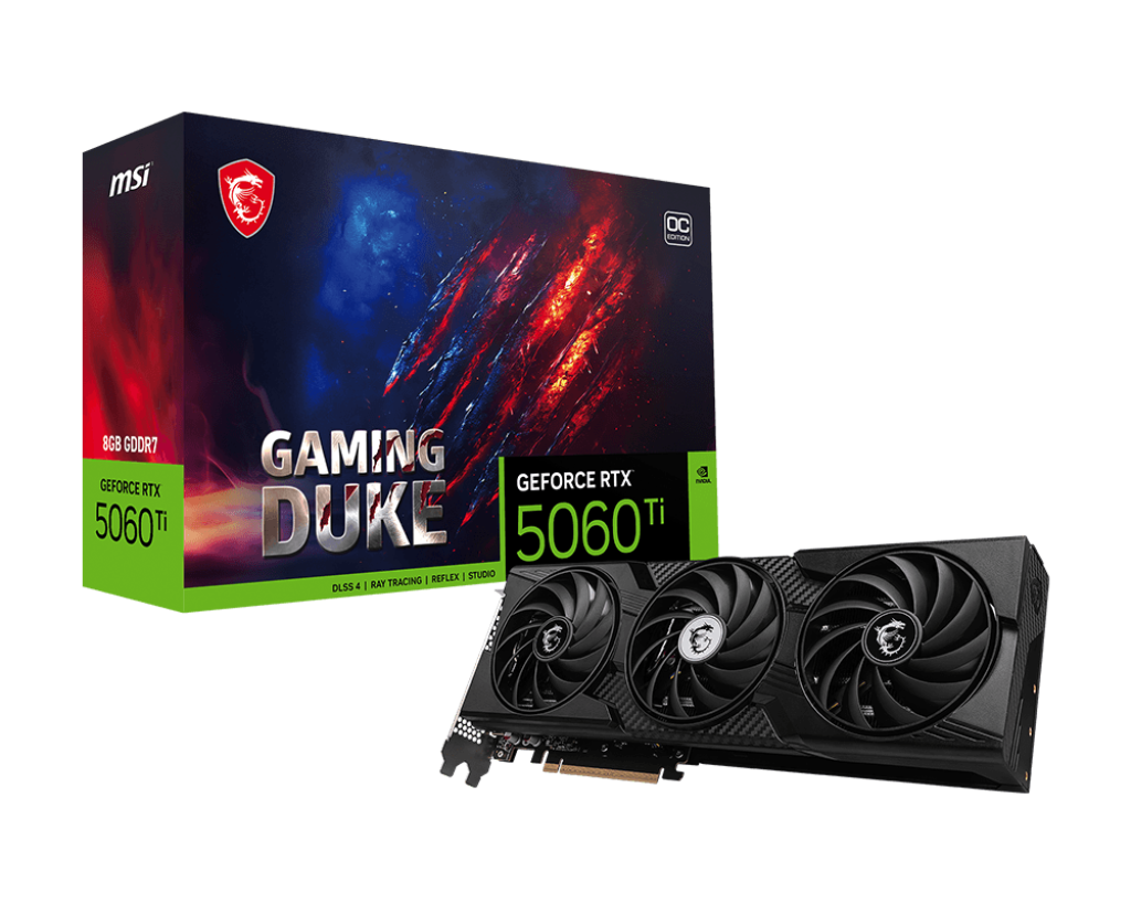 بطاقة رسومات MSI GeForce RTX 5060 Ti 8G GAMING DUKE 3X OC - ذاكرة GDDR7 سعة 8 جيجابايت، وتردد 2617 ميجاهرتز، ومنفذ PCIe 5.0، ومروحة TORX ثلاثية، ومنفذ HDMI 2.1b ومنفذ DisplayPort 2.1b
