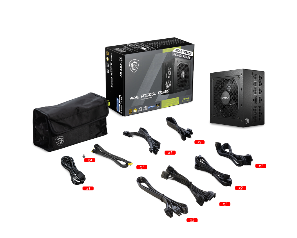MSI MAG A750GL PCIE5 – ATX 3.1 / PCIe-5 750 W Full-Modular 80 PLUS Gold PSU, 450 W 16-Pin GPU Cable