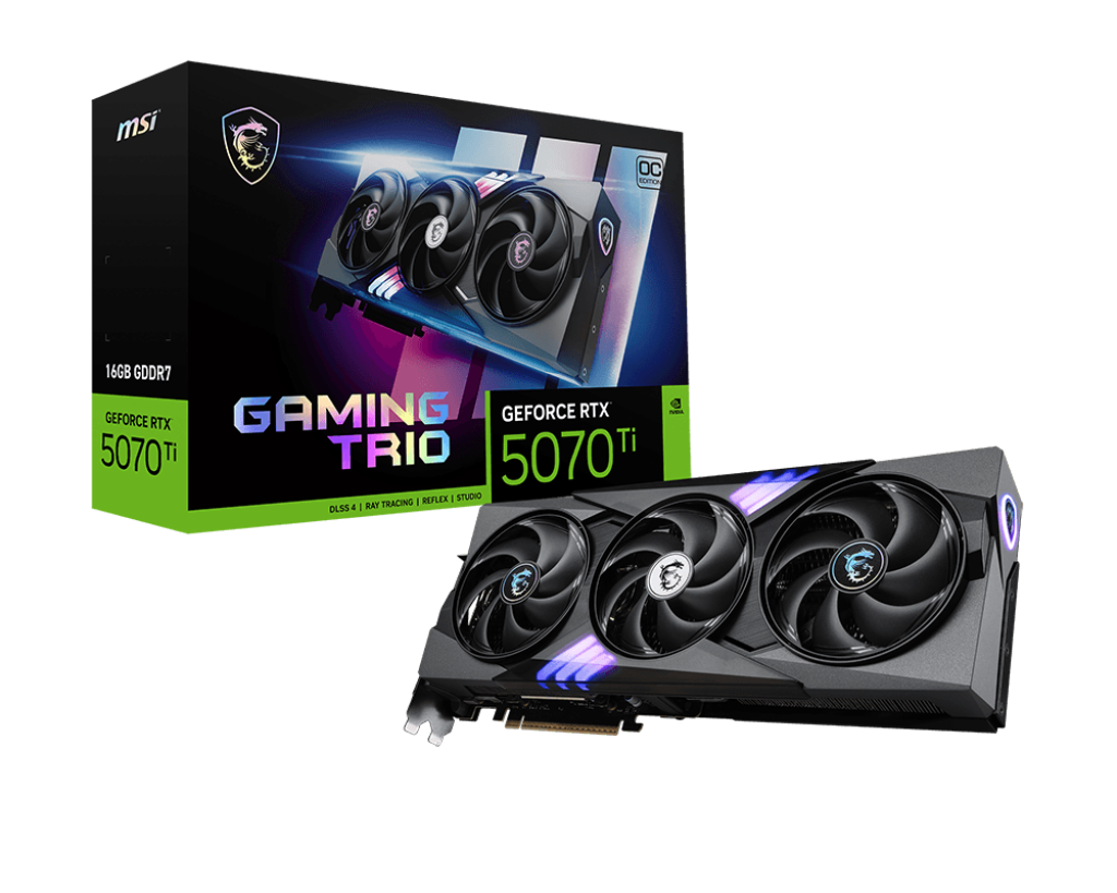 بطاقة رسومات MSI GeForce RTX 5070 Ti 16G GAMING TRIO OC PLUS - ذاكرة GDDR7 سعة 16 جيجابايت، PCIe 5.0، 8960 نواة، سرعة معالجة 28 جيجابايت في الثانية، 2572 ميجاهرتز، DLSS 4، HDMI 2.1b، DP 2.1b
