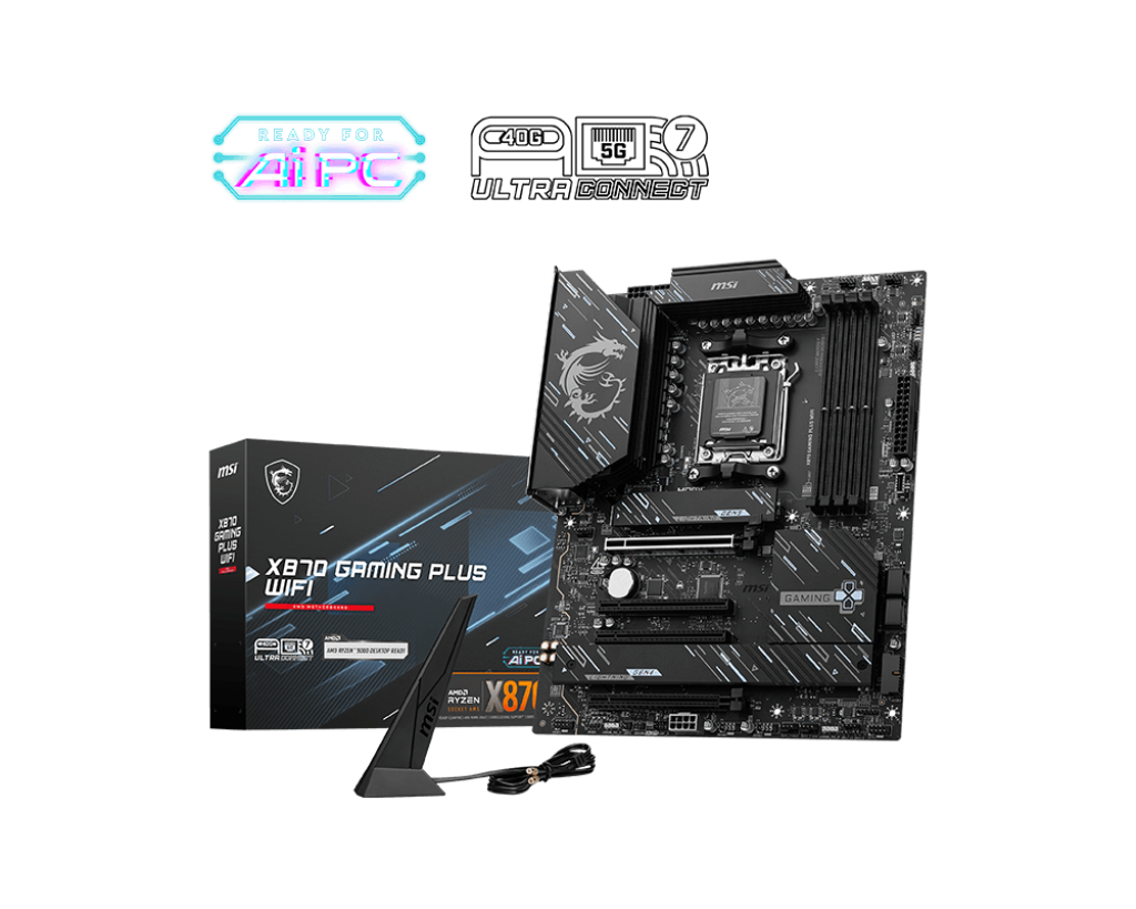 لوحة أم MSI X870 GAMING PLUS WIFI - ATX - تدعم معالجات AMD Ryzen 9000/8000 / 7000 - AM5-60A SPS VRM - DDR5 Memory Boost 8200+ MT/s (OC) - PCIe 5.0 x16 و4.0 x16 - M.2 Gen5 - Wi-Fi 7 - شبكة LAN 5G
