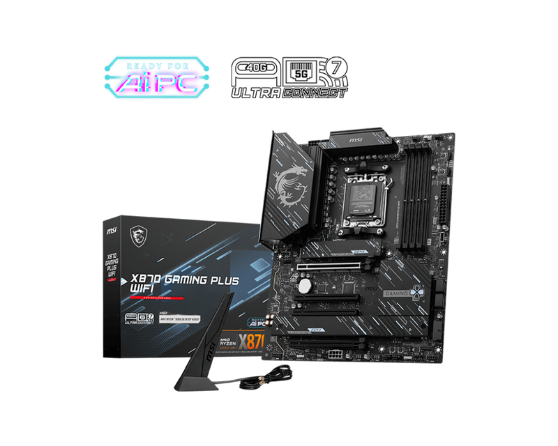 لوحة أم MSI X870 GAMING PLUS WIFI - ATX - تدعم معالجات AMD Ryzen 9000/8000 / 7000 - AM5-60A SPS VRM - DDR5 Memory Boost 8200+ MT/s (OC) - PCIe 5.0 x16 و4.0 x16 - M.2 Gen5 - Wi-Fi 7 - شبكة LAN 5G