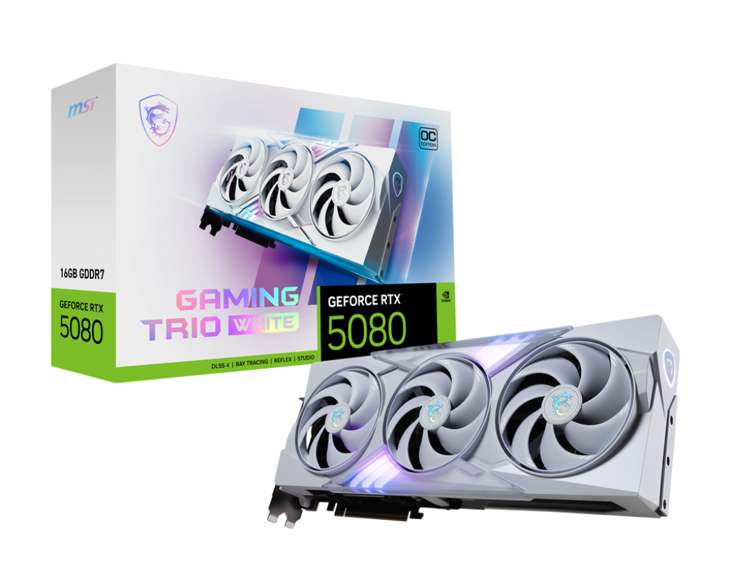 MSI GeForce RTX 5080 16 GB GAMING TRIO OC WHITE – NVIDIA Blackwell, 10,752 CUDA Cores, 2715 MHz Boost, 30 Gbps GDDR7, PCIe 5.0, Triple-Fan Cooling