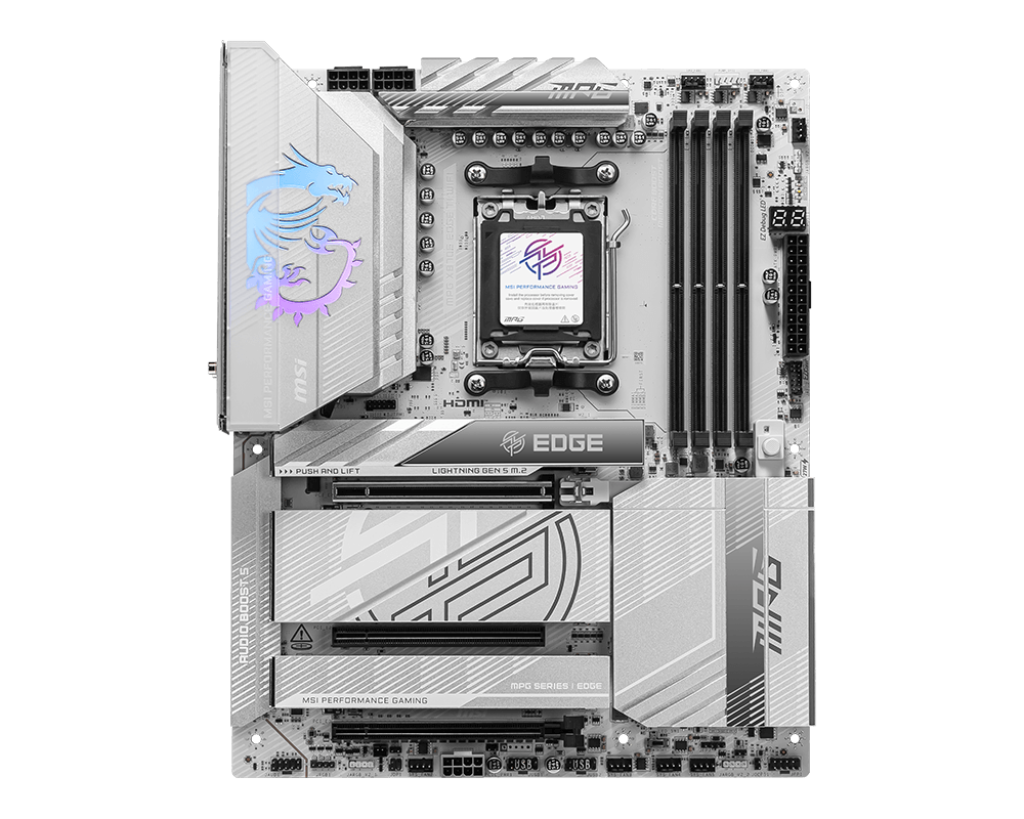 لوحة أم MSI MPG X870E EDGE TI WIFI ATX - AM5، AMD X870E، DDR5‑8400+ OC، PCIe 5.0 x16، 4 منافذ M.2 Gen5، Wi‑Fi 7، شبكة LAN 5G، USB4 بسرعة 40 جيجابت في الثانية، Realtek ALC4080