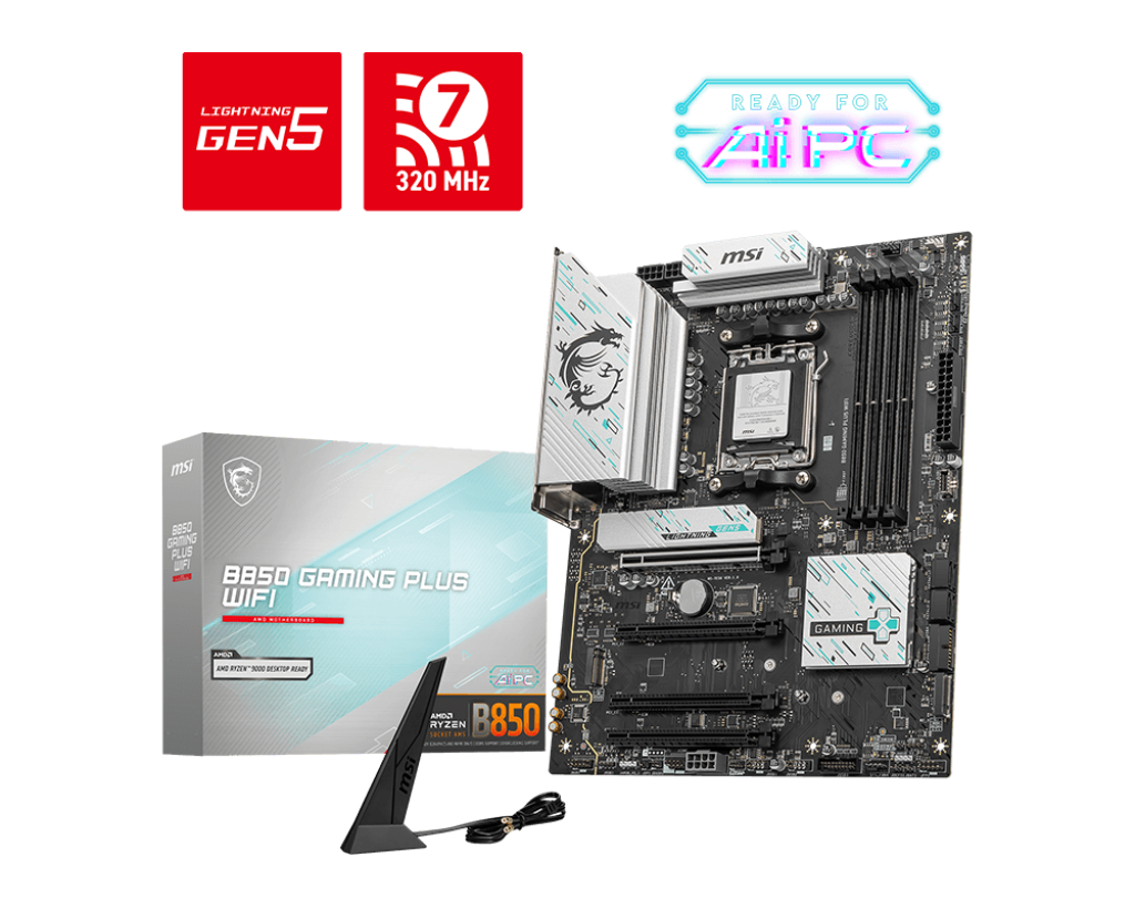 MSI B850 GAMING PLUS WIFI ATX لوحة أم – AM5، DDR5‑8200+ OC، PCIe 5.0 x16، 3× M.2 (1× Gen5)، شبكة 5 GbE، Wi‑Fi 7، USB4، HDMI 2.1